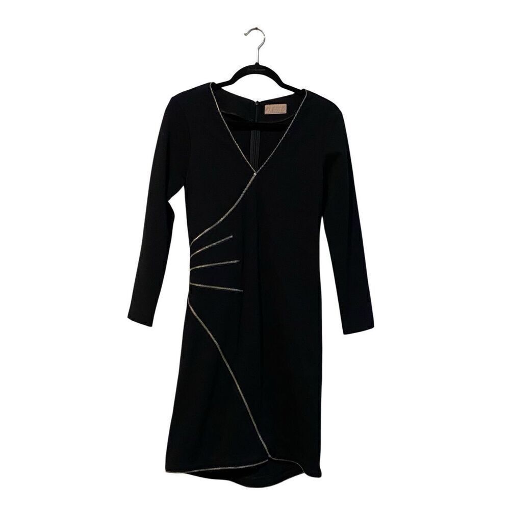 Cureté Black Long Sleeve Dress With Gold Zipper Bodycon Size 2